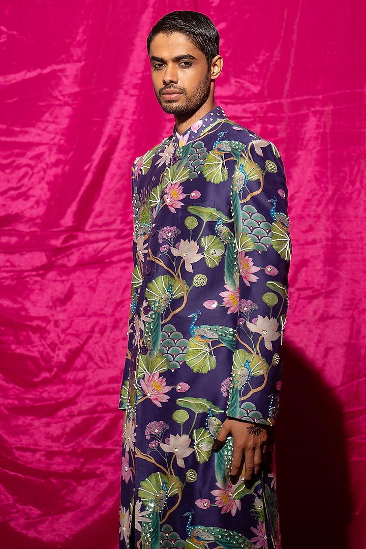 Purple Chanderi Silk & Cotton Satin Floral Printed Wedding Sherwani Set by chrkha men at Pernia's Pop Up Shop