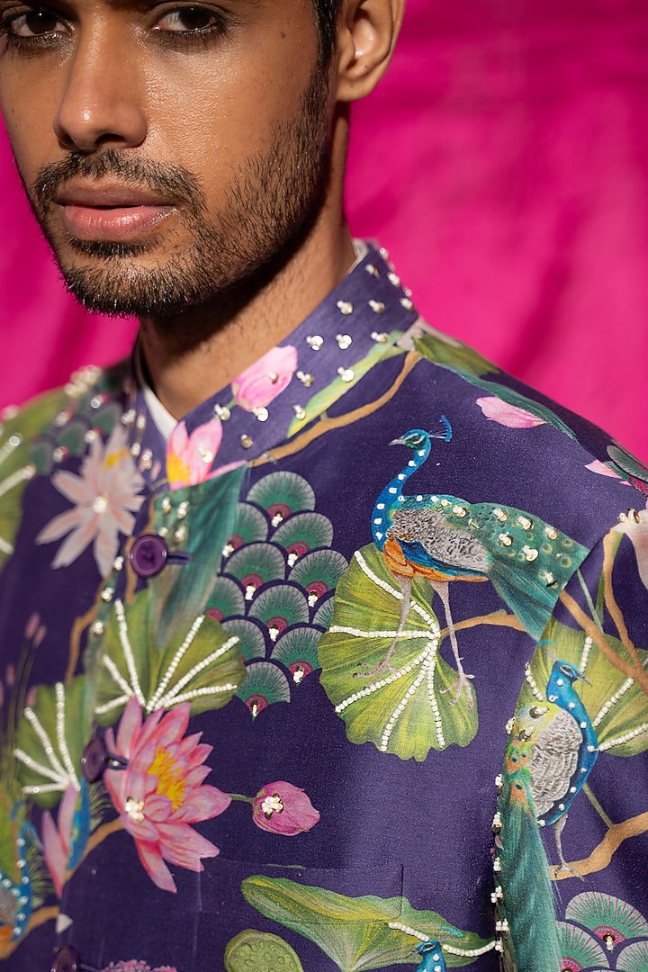 Purple Chanderi Silk & Cotton Satin Floral Printed Wedding Sherwani Set by chrkha men at Pernia's Pop Up Shop