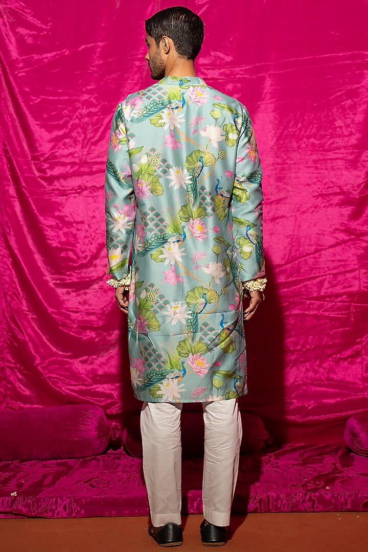 Mint Chanderi Silk & Cotton Satin Floral Printed Kurta Set by chrkha men at Pernia's Pop Up Shop