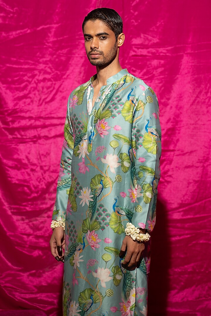 Mint Chanderi Silk & Cotton Satin Floral Printed Kurta Set by chrkha men at Pernia's Pop Up Shop