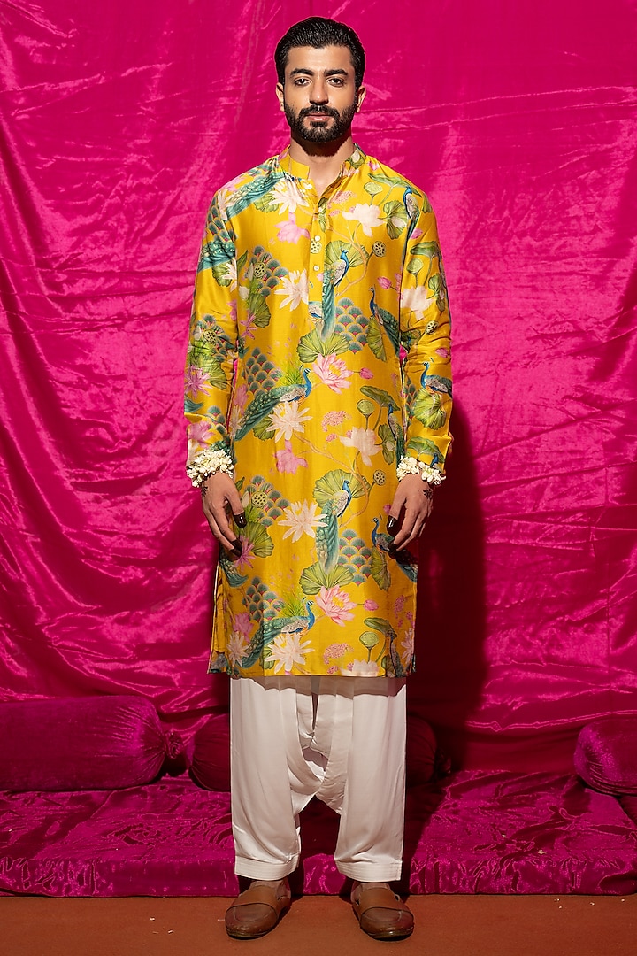 Yellow Chanderi Silk & Cotton Satin Floral Printed Kurta Set by chrkha men