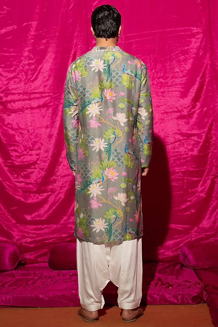 Grey Chanderi Silk & Cotton Satin Floral Printed Kurta Set by chrkha men at Pernia's Pop Up Shop