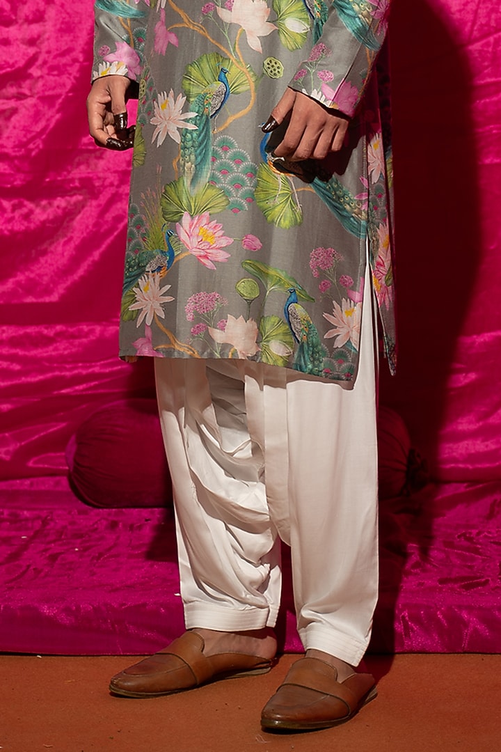 Grey Chanderi Silk & Cotton Satin Floral Printed Kurta Set by chrkha men at Pernia's Pop Up Shop