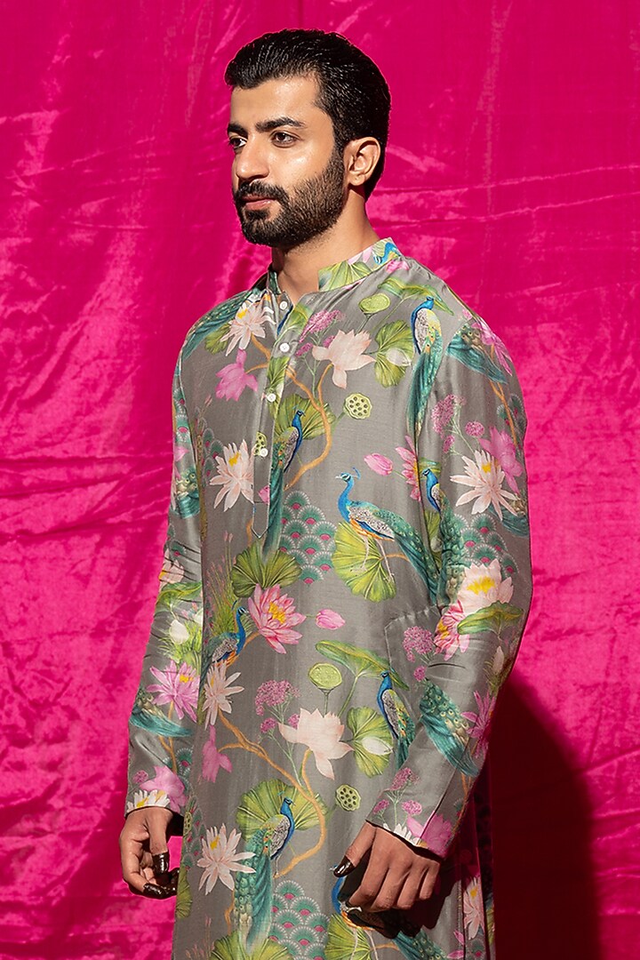 Grey Chanderi Silk & Cotton Satin Floral Printed Kurta Set by chrkha men at Pernia's Pop Up Shop