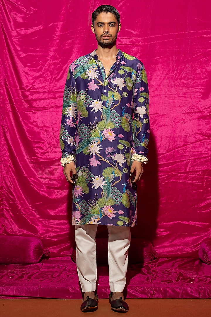 Purple Chanderi Silk & Cotton Satin Floral Printed Kurta Set by chrkha men