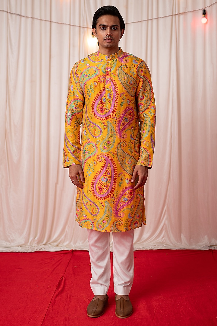 Yellow Chanderi Silk & Cotton Satin Floral Printed Kurta Set by chrkha men