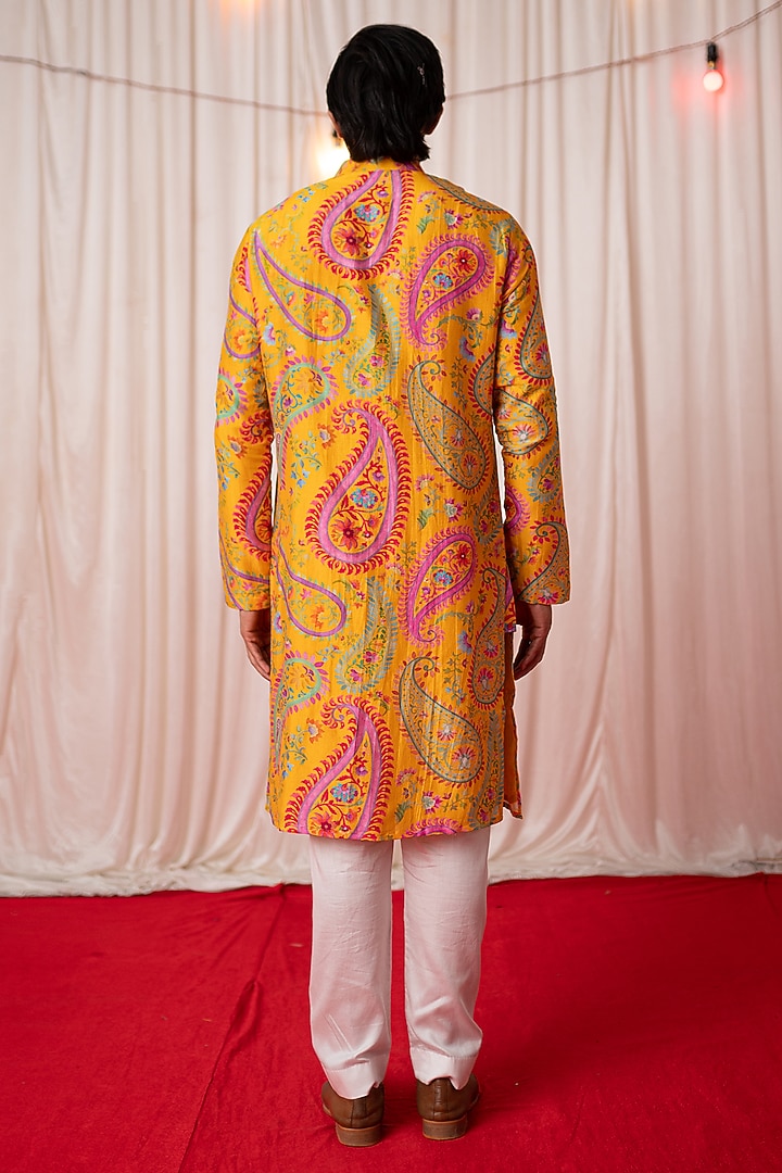 Yellow Chanderi Silk & Cotton Satin Floral Printed Kurta Set by chrkha men at Pernia's Pop Up Shop