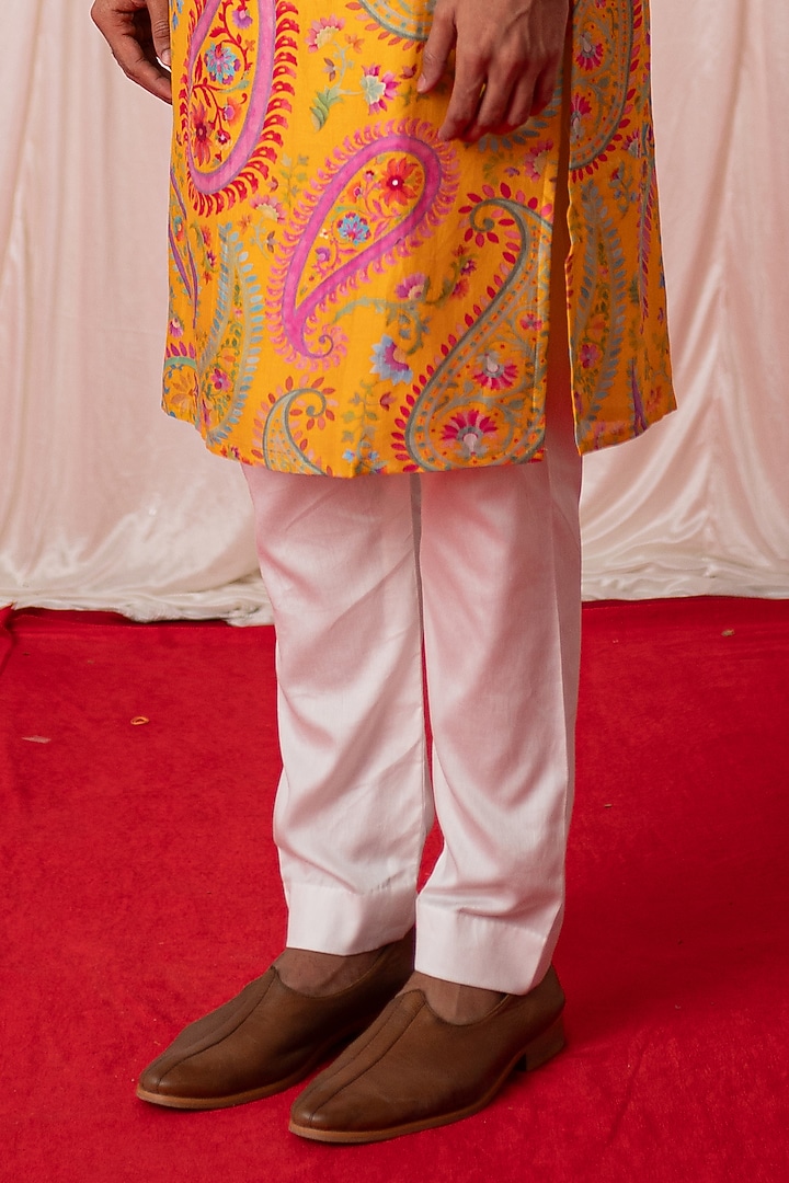 Yellow Chanderi Silk & Cotton Satin Floral Printed Kurta Set by chrkha men at Pernia's Pop Up Shop