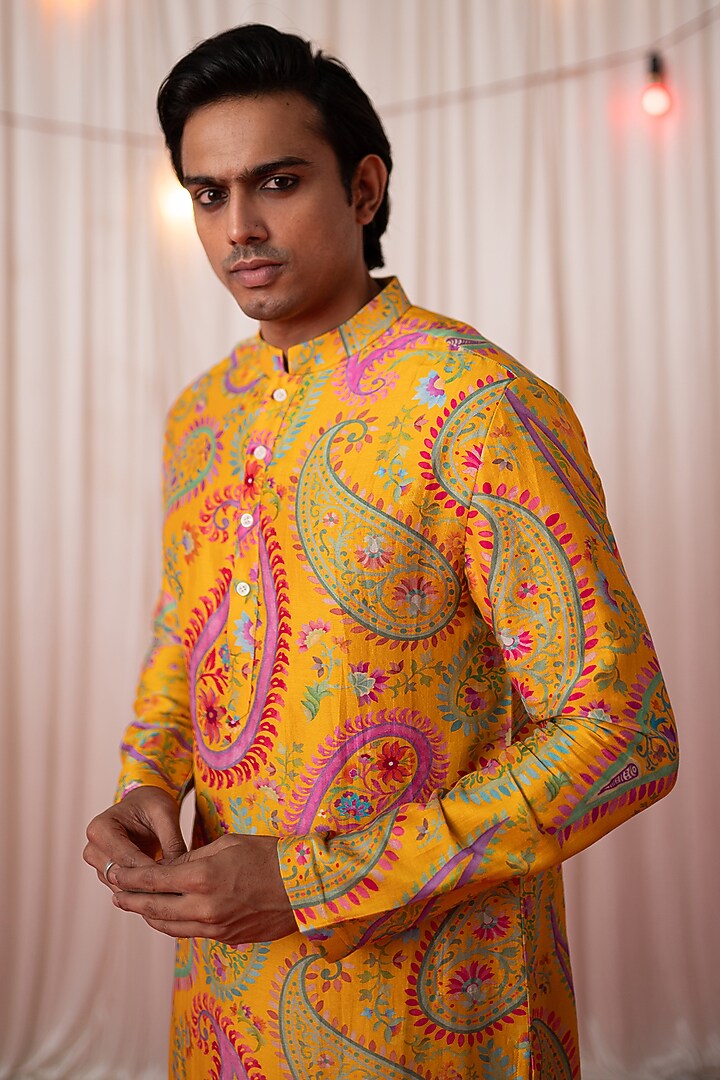 Yellow Chanderi Silk & Cotton Satin Floral Printed Kurta Set by chrkha men at Pernia's Pop Up Shop
