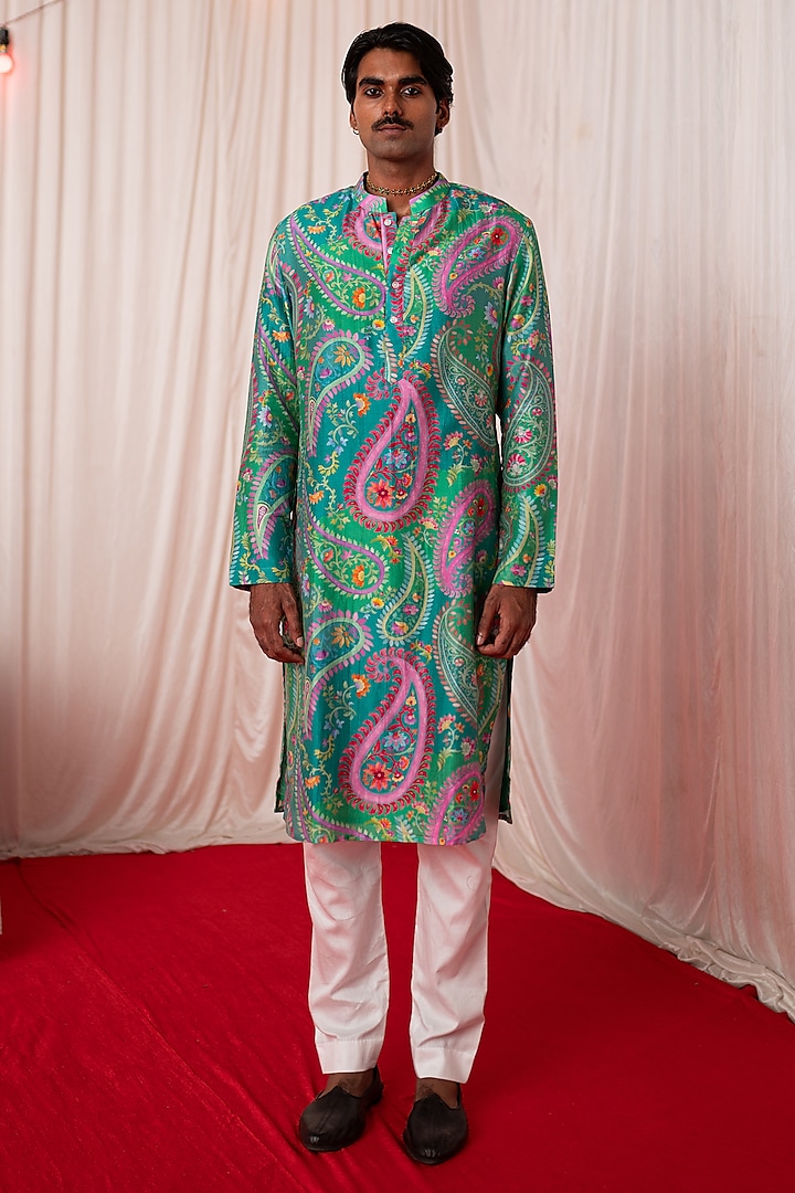 Green Chanderi Silk & Cotton Satin Floral Printed Kurta Set by chrkha men