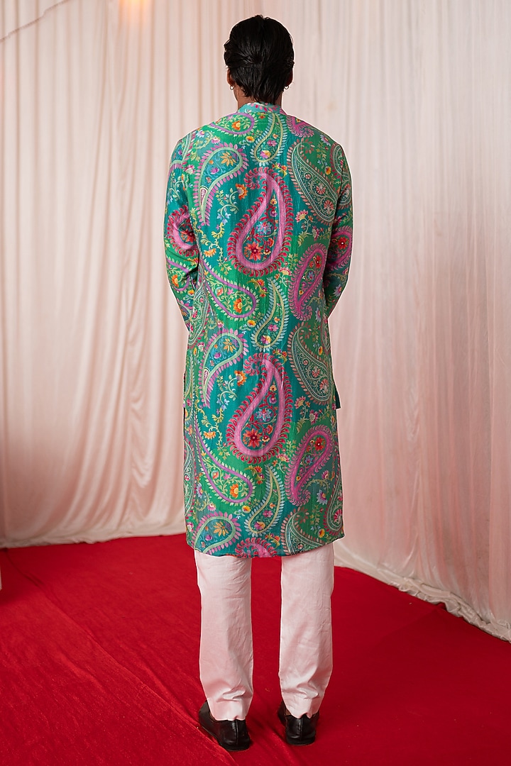 Green Chanderi Silk & Cotton Satin Floral Printed Kurta Set by chrkha men at Pernia's Pop Up Shop