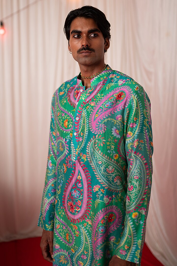 Green Chanderi Silk & Cotton Satin Floral Printed Kurta Set by chrkha men at Pernia's Pop Up Shop