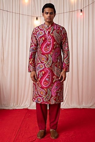Maroon Chanderi Silk & Cotton Satin Floral Printed Kurta Set by chrkha men