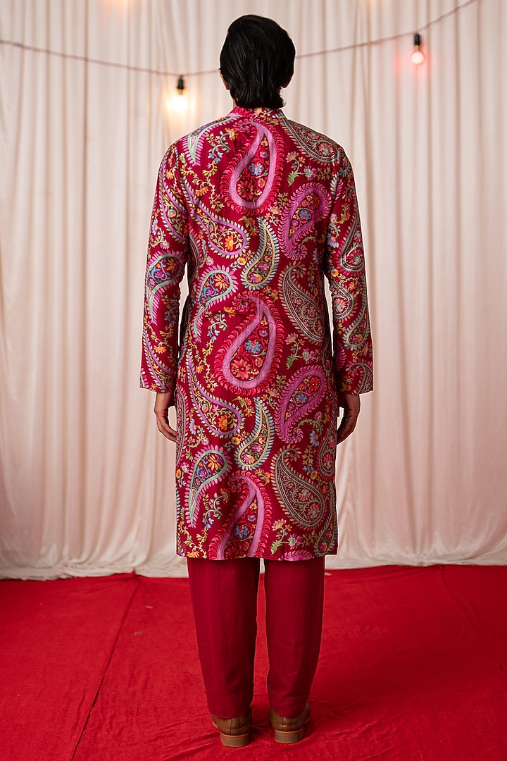 Maroon Chanderi Silk & Cotton Satin Floral Printed Kurta Set by chrkha men at Pernia's Pop Up Shop