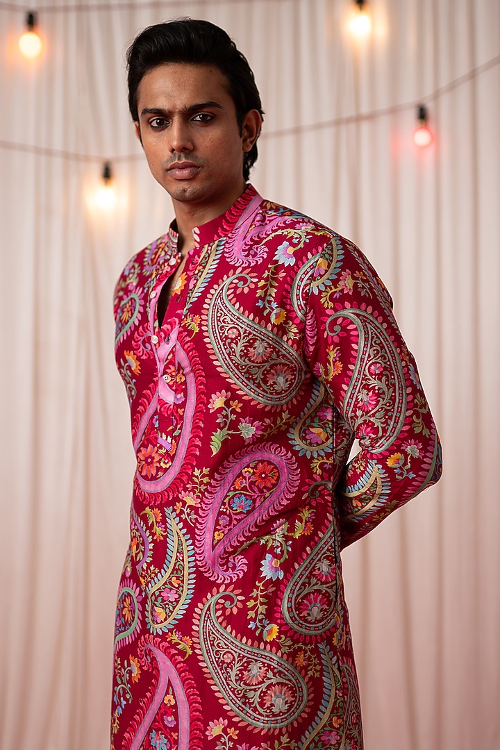 Maroon Chanderi Silk & Cotton Satin Floral Printed Kurta Set by chrkha men at Pernia's Pop Up Shop