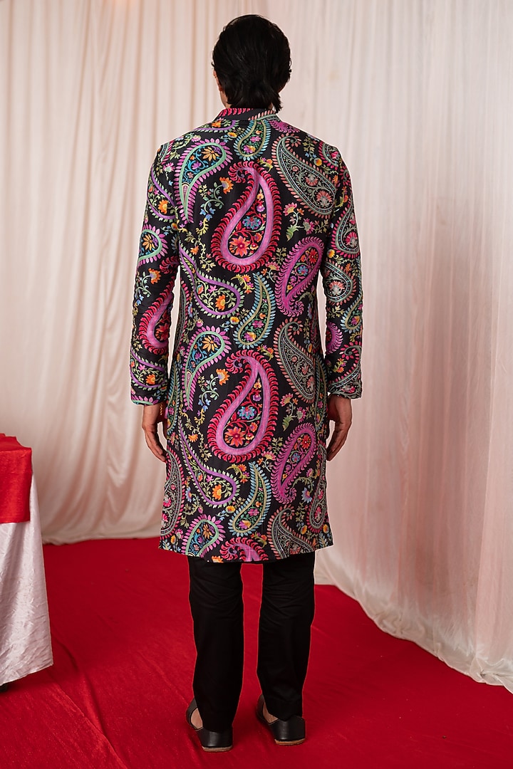 Black Chanderi Silk & Cotton Satin Floral Printed Kurta Set by chrkha men at Pernia's Pop Up Shop