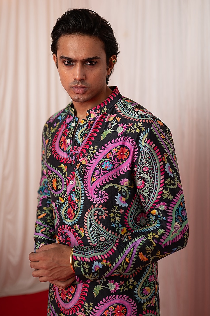 Black Chanderi Silk & Cotton Satin Floral Printed Kurta Set by chrkha men at Pernia's Pop Up Shop