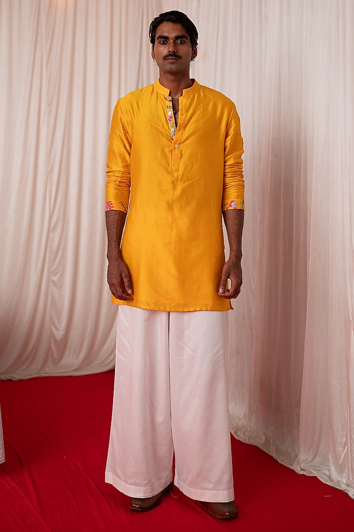 Yellow Chanderi Silk & Cotton Satin Floral Printed Bundi Jacket Set by chrkha men at Pernia's Pop Up Shop