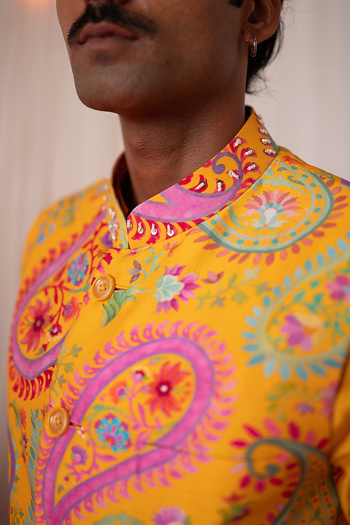 Yellow Chanderi Silk & Cotton Satin Floral Printed Bundi Jacket Set by chrkha men at Pernia's Pop Up Shop