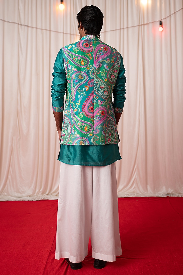 Green Chanderi Silk & Cotton Satin Floral Printed Bundi Jacket Set by chrkha men at Pernia's Pop Up Shop