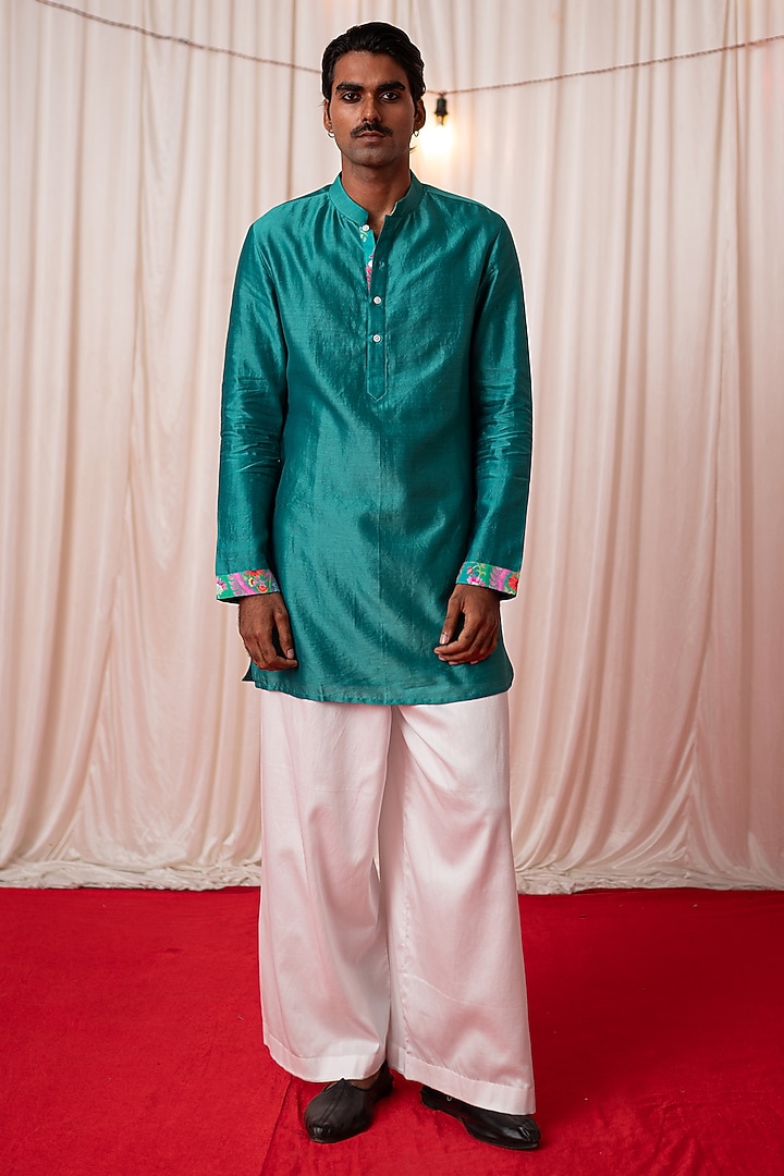 Green Chanderi Silk & Cotton Satin Floral Printed Bundi Jacket Set by chrkha men at Pernia's Pop Up Shop