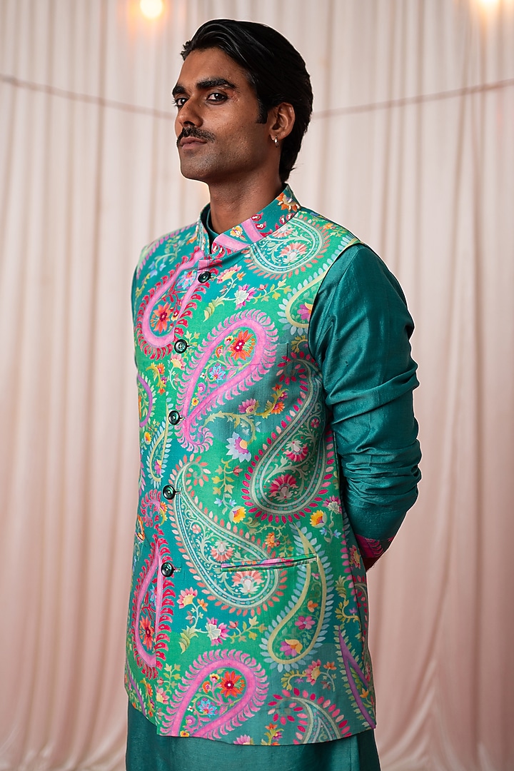 Green Chanderi Silk & Cotton Satin Floral Printed Bundi Jacket Set by chrkha men at Pernia's Pop Up Shop