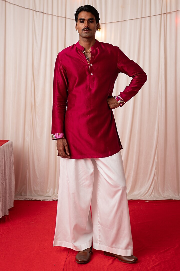 Maroon Chanderi Silk & Cotton Satin Floral Printed Bundi Jacket Set by chrkha men at Pernia's Pop Up Shop