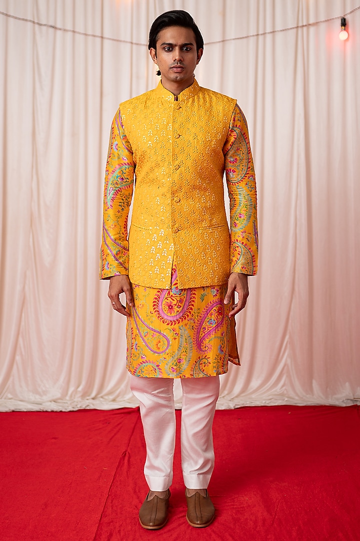 Yellow Chanderi Silk & Cotton Satin Mirror Work Bundi Jacket Set by chrkha men