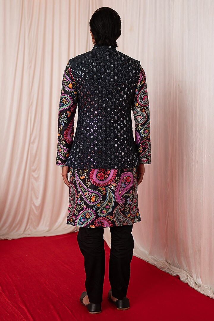 Black Chanderi Silk & Cotton Satin Mirror Work Bundi Jacket Set by chrkha men at Pernia's Pop Up Shop