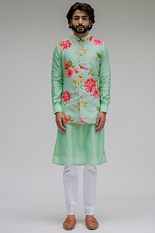 Mint Chanderi Silk Floral Digital Printed Nehru Jacket Set by chrkha men