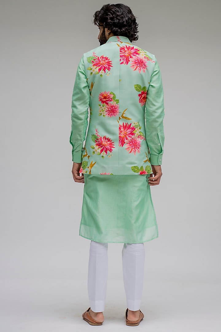 Mint Chanderi Silk Floral Digital Printed Nehru Jacket Set by chrkha men at Pernia's Pop Up Shop