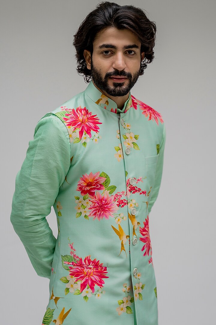 Mint Chanderi Silk Floral Digital Printed Nehru Jacket Set by chrkha men at Pernia's Pop Up Shop