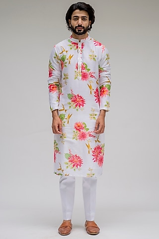White Digital Printed Kurta Set by chrkha men
