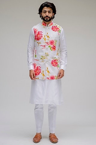 White Kurta Set With Printed Nehru Jacket by chrkha men