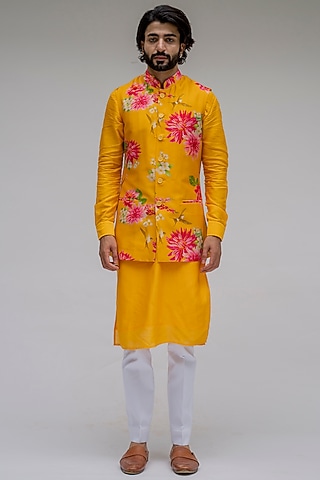 Sunset Yellow Chanderi Silk Floral Digital Printed Nehru Jacket Set by chrkha men