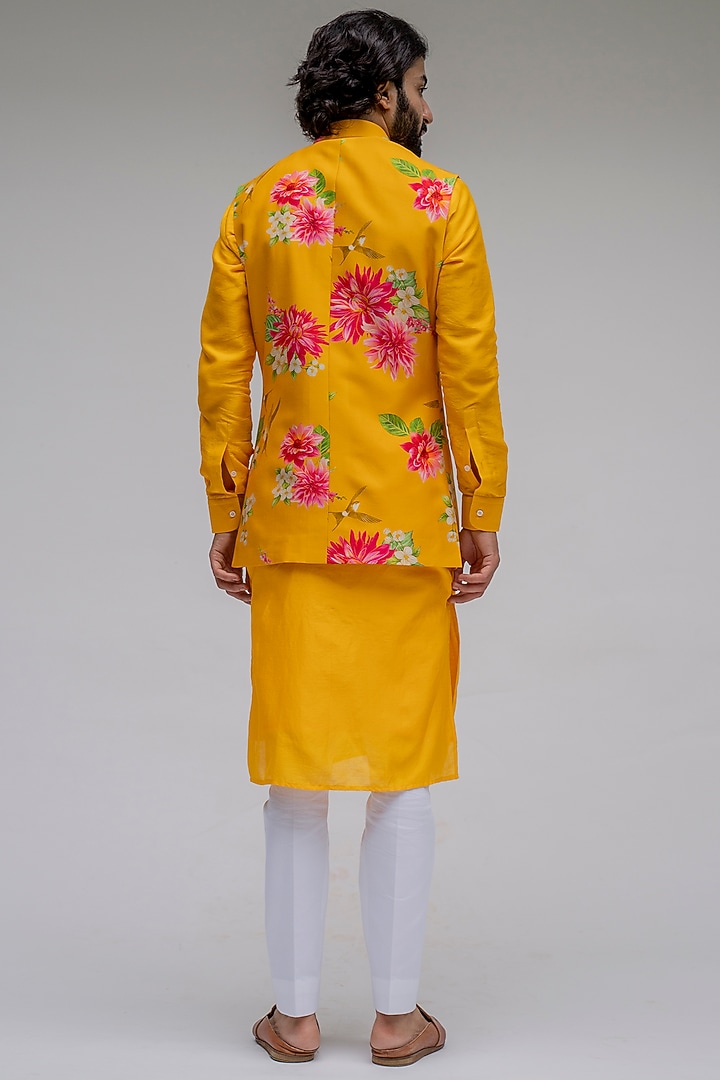 Sunset Yellow Chanderi Silk Floral Digital Printed Nehru Jacket Set by chrkha men at Pernia's Pop Up Shop
