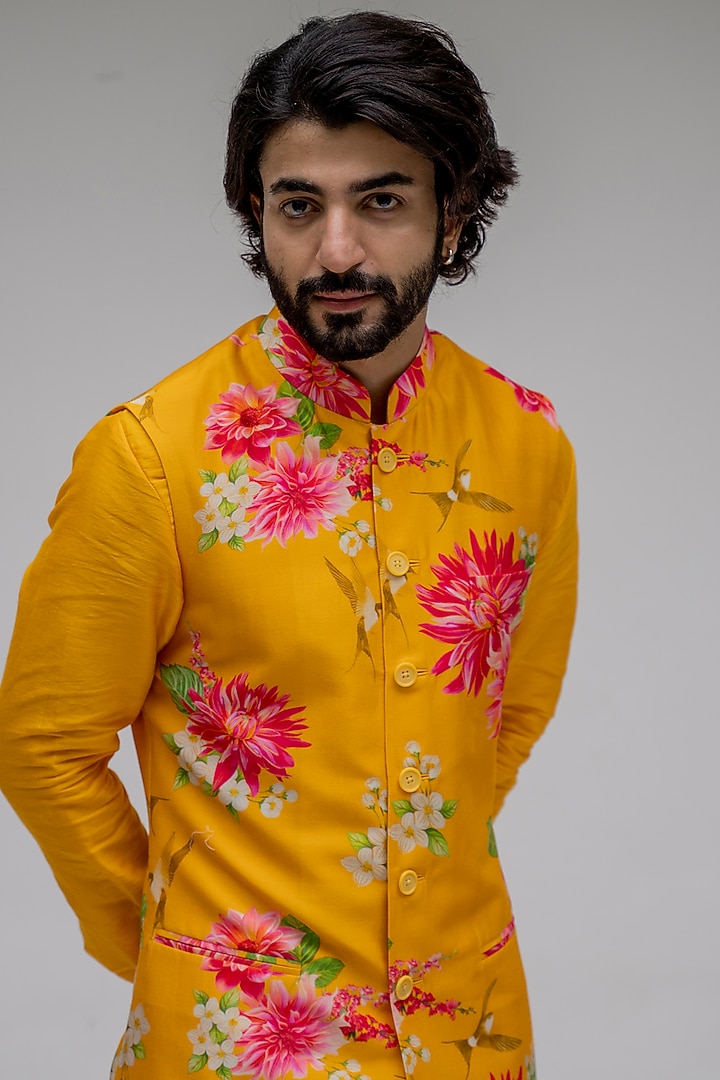 Sunset Yellow Chanderi Silk Floral Digital Printed Nehru Jacket Set by chrkha men at Pernia's Pop Up Shop