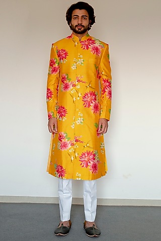 Yellow Digital Printed Achkan Jacket Set by chrkha men