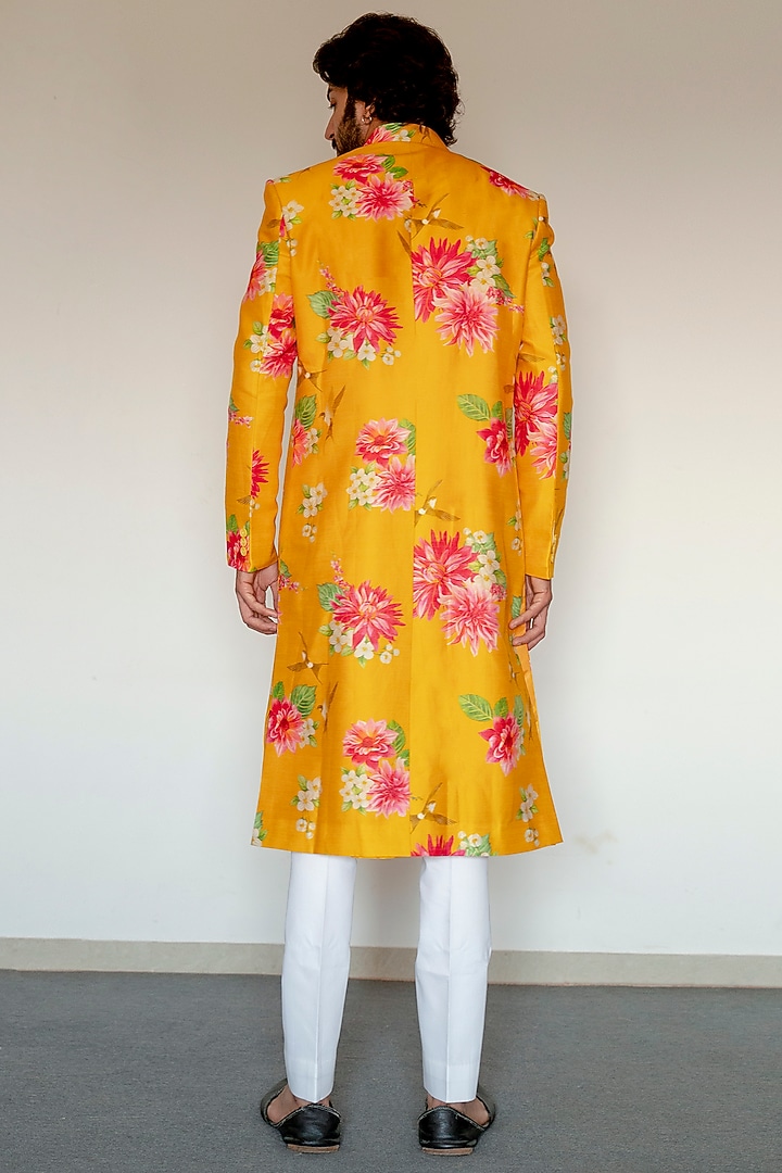 Yellow Digital Printed Achkan Jacket Set by chrkha men at Pernia's Pop Up Shop