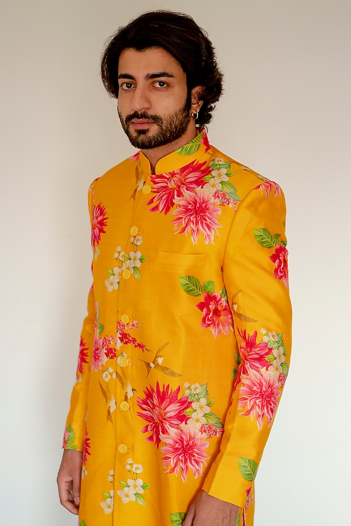 Yellow Digital Printed Achkan Jacket Set by chrkha men at Pernia's Pop Up Shop