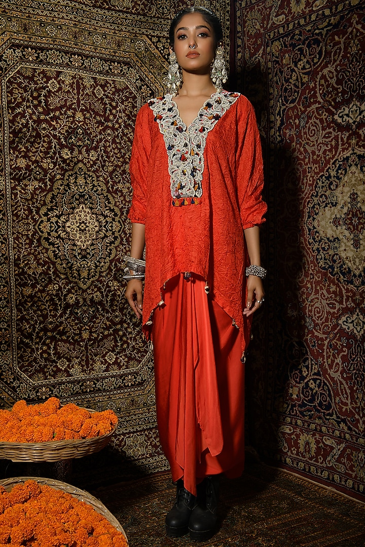 Red Satin Draped Skirt Set by The Cherry Tree by Charu Saraogi