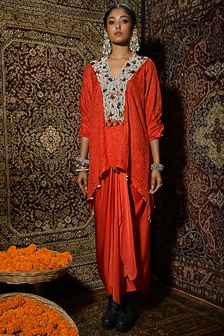 Red Satin Draped Skirt Set by The Cherry Tree by Charu Saraogi