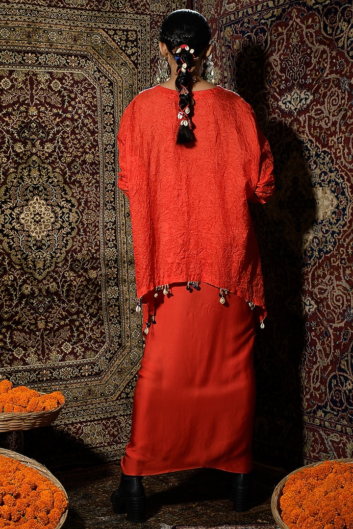 Red Satin Draped Skirt Set by The Cherry Tree by Charu Saraogi at Pernia's Pop Up Shop