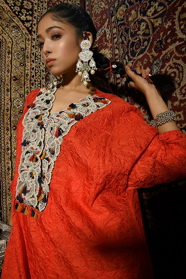 Red Satin Draped Skirt Set by The Cherry Tree by Charu Saraogi at Pernia's Pop Up Shop