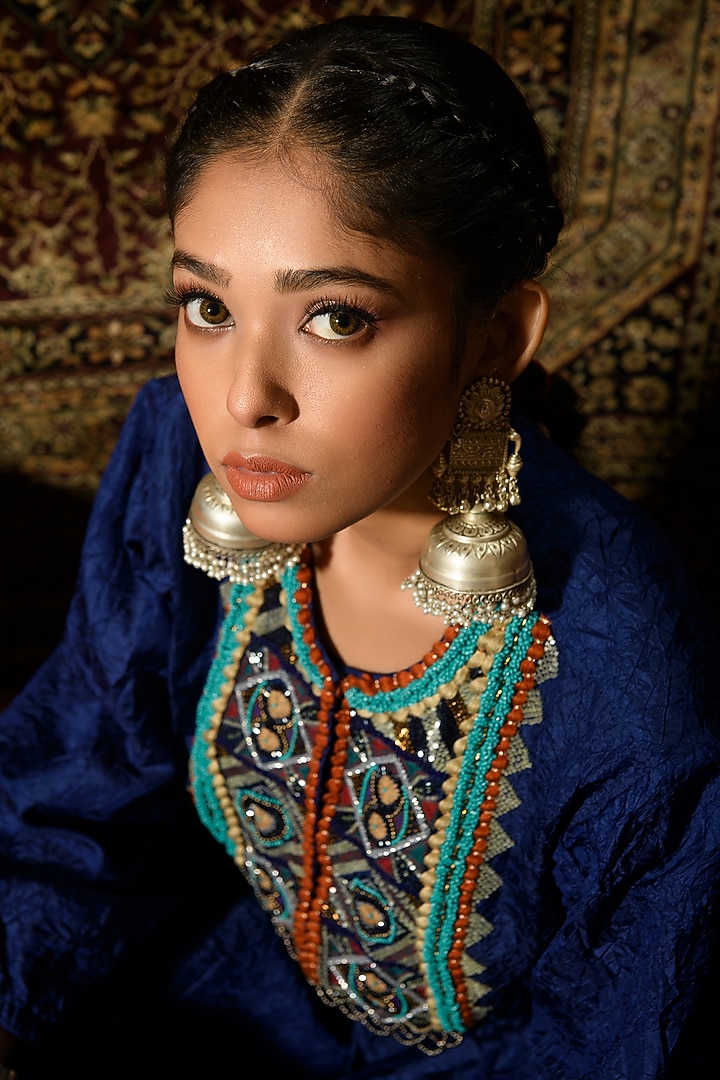 Blue Embroidered Kurta Set by The Cherry Tree by Charu Saraogi at Pernia's Pop Up Shop