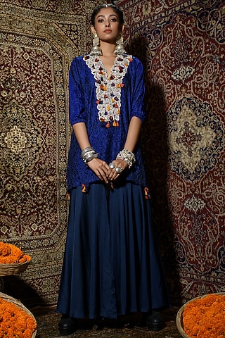 Cobalt Blue Satin Sharara Set by The Cherry Tree by Charu Saraogi