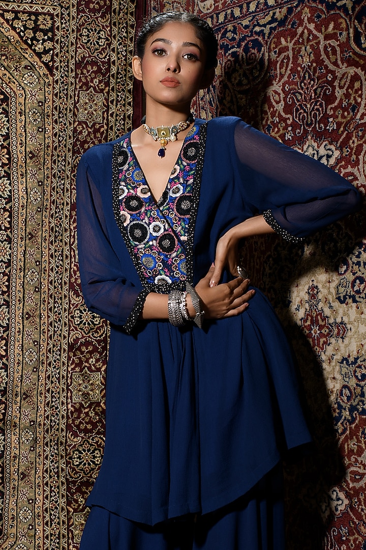 Cobalt Blue Satin Party Wear Sharara Set by The Cherry Tree by Charu Saraogi at Pernia's Pop Up Shop
