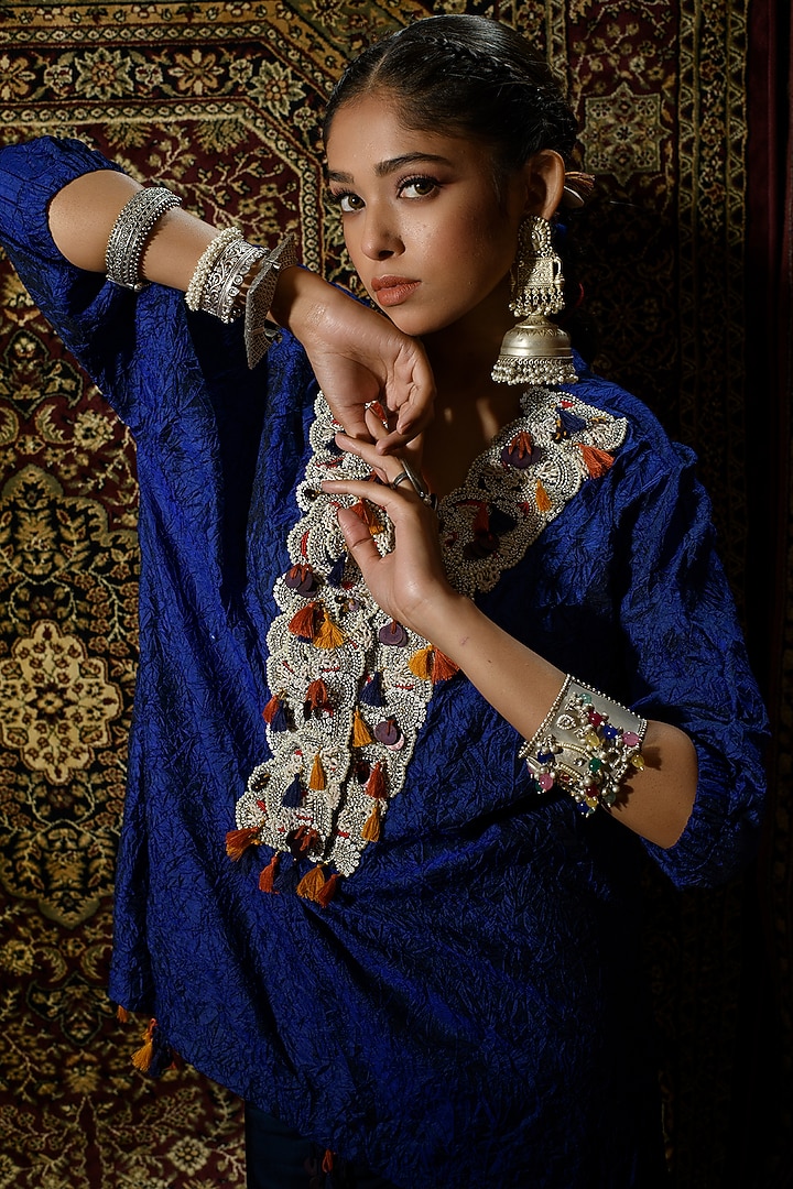 Cobalt Blue Satin Party Wear Sharara Set by The Cherry Tree by Charu Saraogi at Pernia's Pop Up Shop