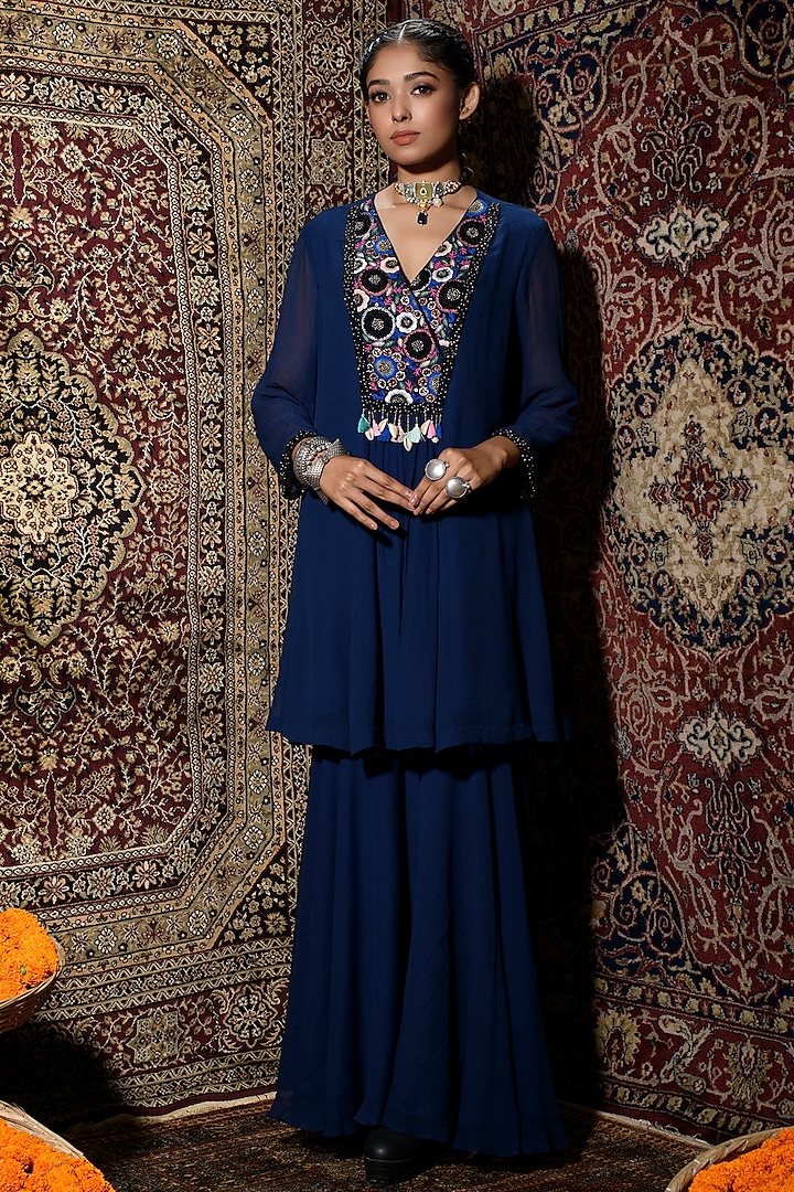 Blue Embroidered Gharara Set by The Cherry Tree by Charu Saraogi