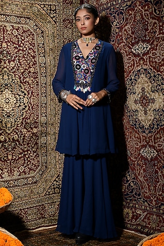 Blue Embroidered Gharara Set by The Cherry Tree by Charu Saraogi